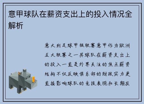 意甲球队在薪资支出上的投入情况全解析